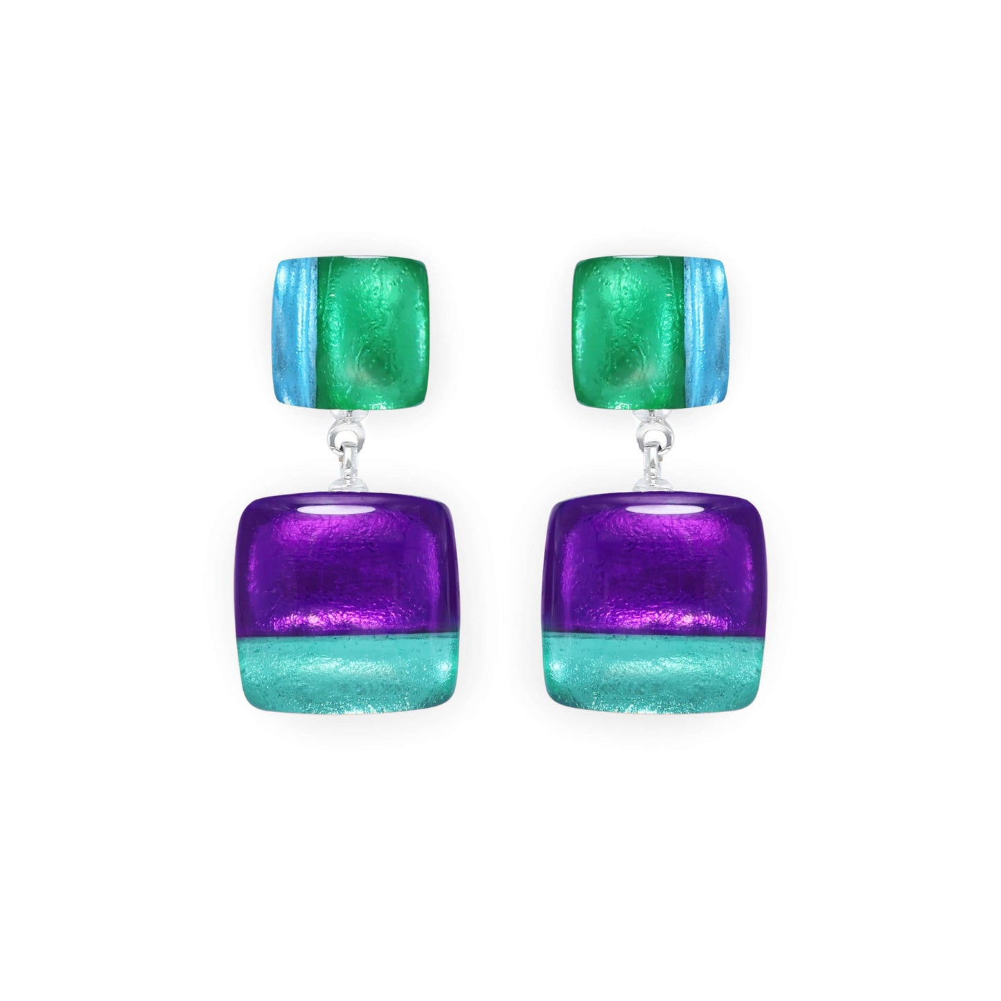 Aurora Geometric Squares Shiny Double Drop Stud Earrings | The Jewellery Stop