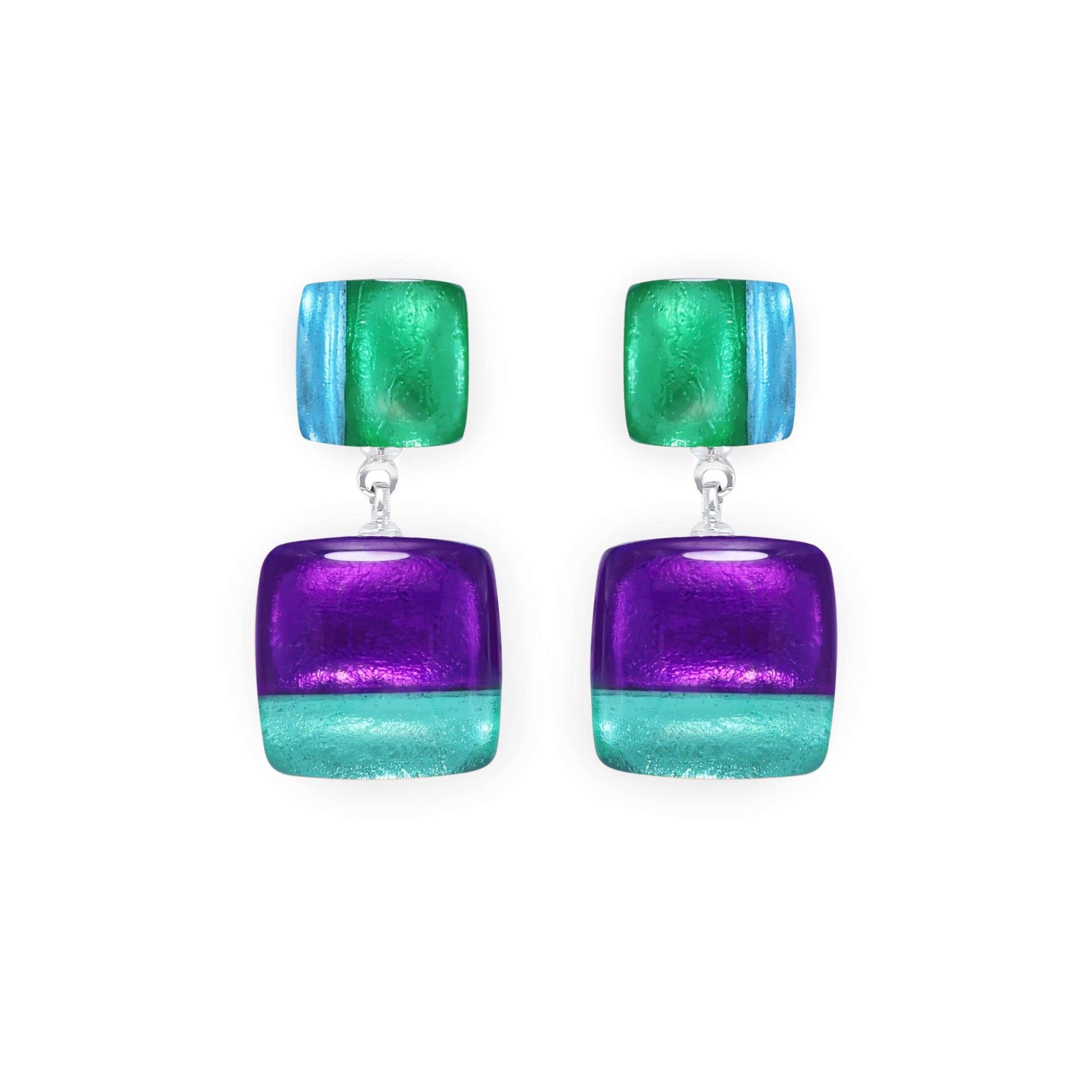 Aurora Geometric Squares Shiny Double Drop Stud Earrings | The Jewellery Stop