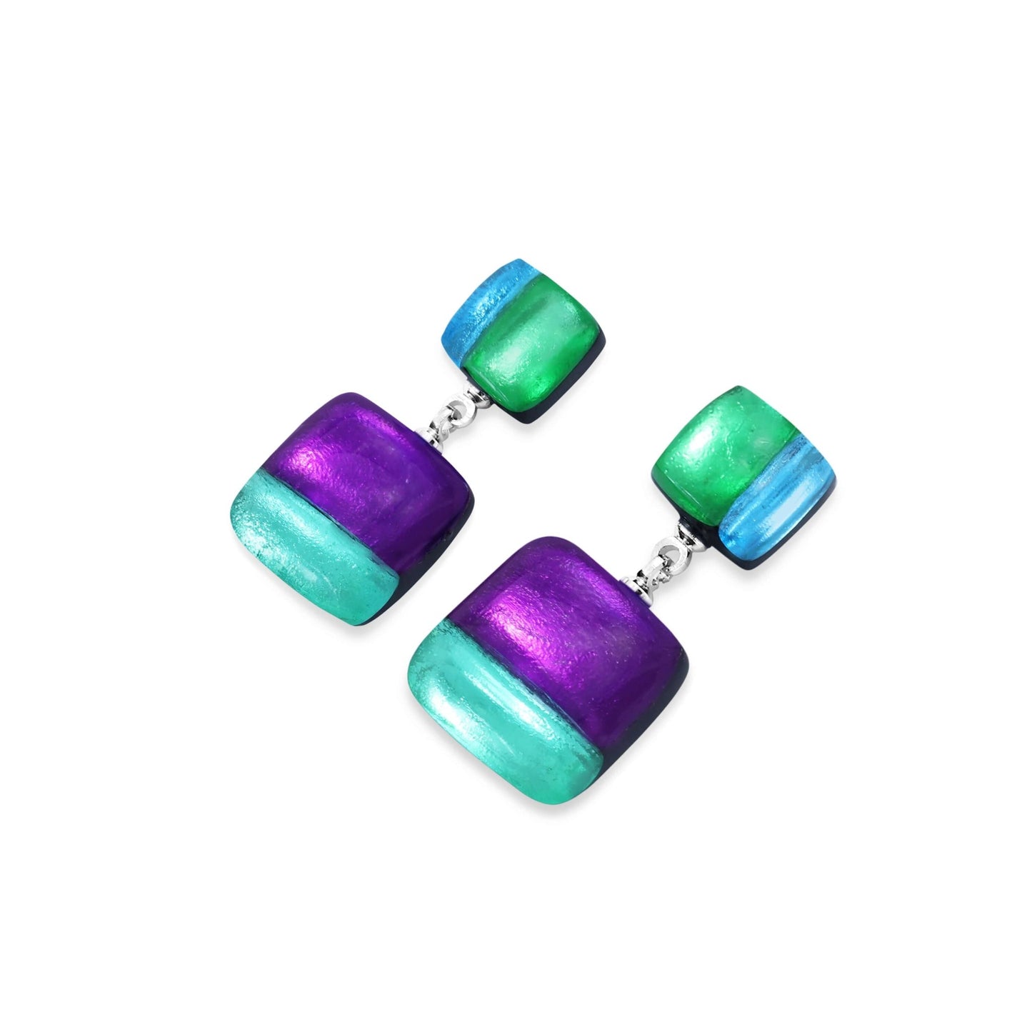 Aurora Geometric Squares Shiny Double Drop Stud Earrings | The Jewellery Stop