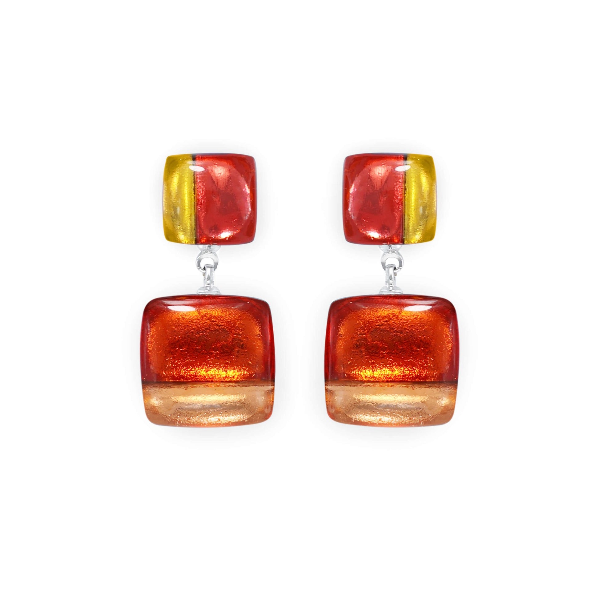 Terracotta Geometric Squares Shiny Double Drop Stud Earrings | The Jewellery Stop