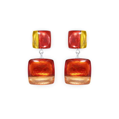 Terracotta Geometric Squares Shiny Double Drop Stud Earrings | The Jewellery Stop