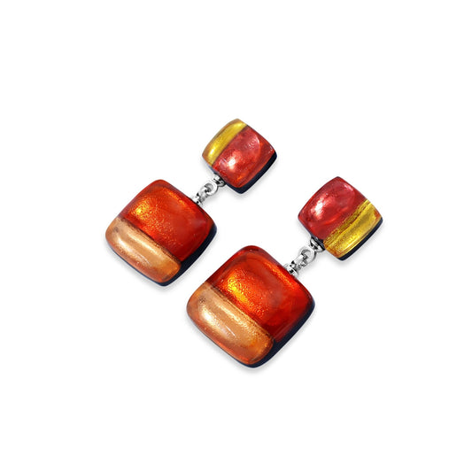 Terracotta Geometric Squares Shiny Double Drop Stud Earrings | The Jewellery Stop