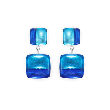 Turquoise Geometric Squares Shiny Double Drop Stud Earrings | The Jewellery Stop