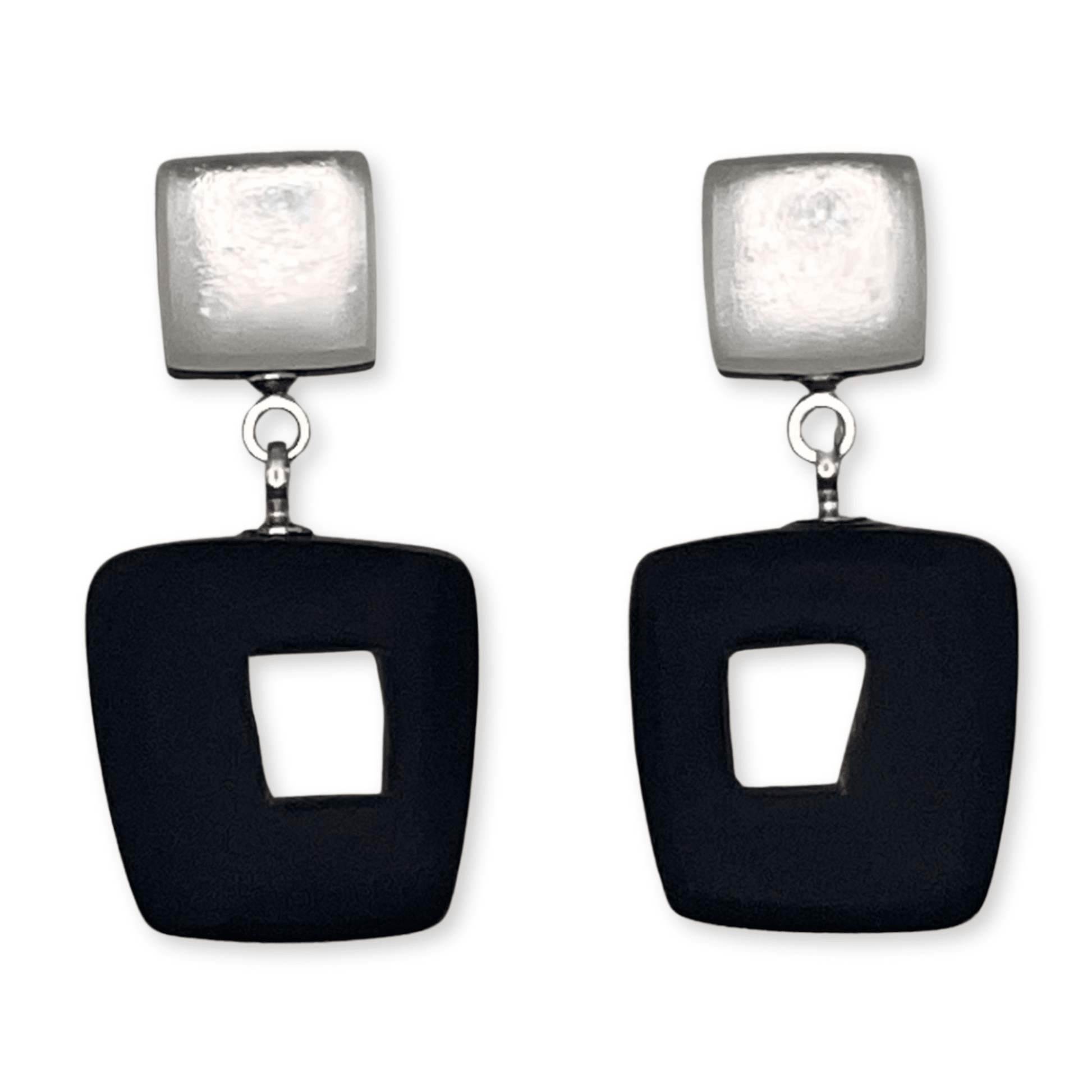 Black Hollow Squares Matte Double Drop Stud Earrings | The Jewellery Stop