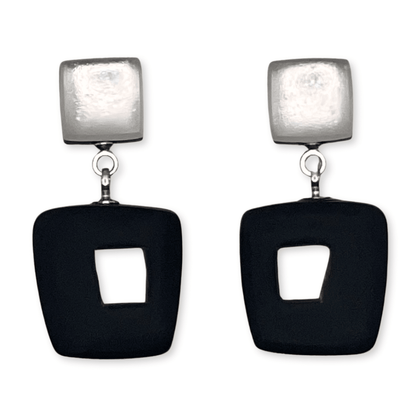 Black Hollow Squares Matte Double Drop Stud Earrings | The Jewellery Stop