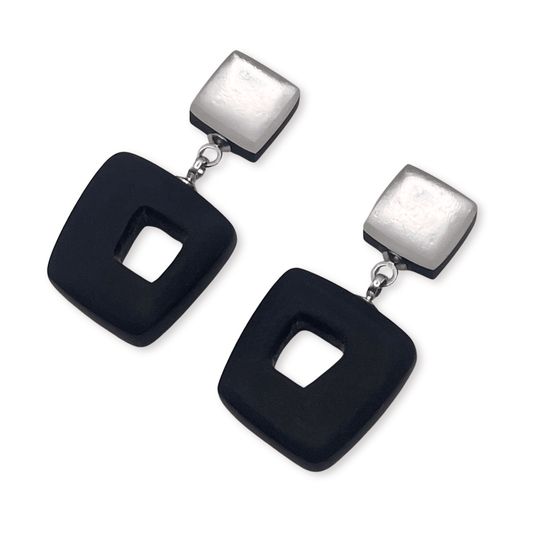 Black Hollow Squares Matte Double Drop Stud Earrings | The Jewellery Stop