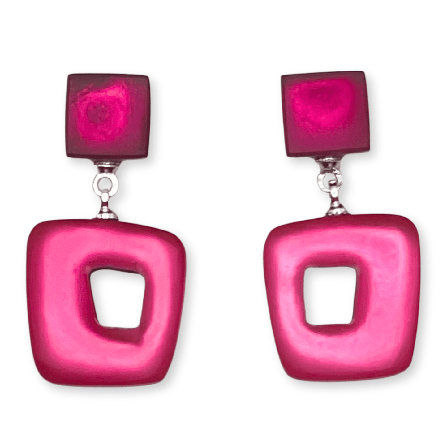 Flamingo Hollow Squares Matte Double Drop Stud Earrings | The Jewellery Stop