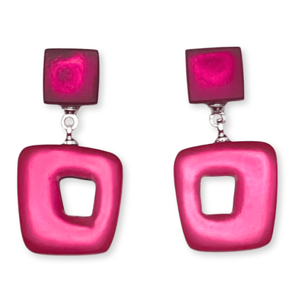 Flamingo Hollow Squares Matte Double Drop Stud Earrings | The Jewellery Stop