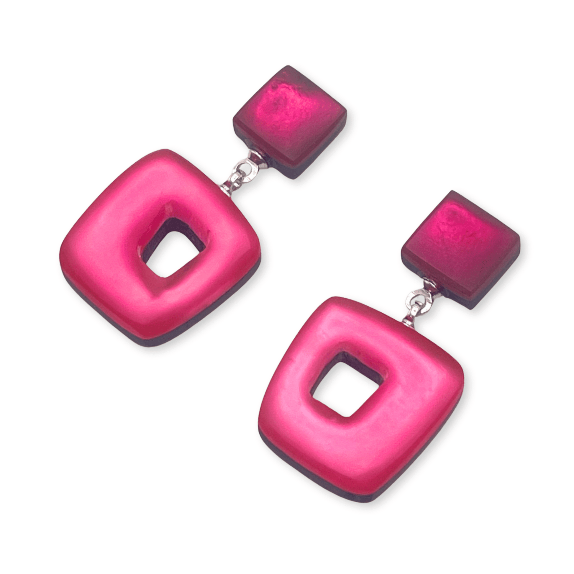 Flamingo Hollow Squares Matte Double Drop Stud Earrings | The Jewellery Stop