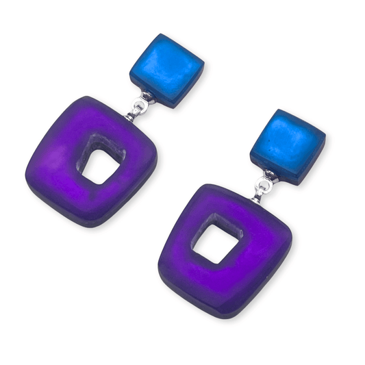 Peacock Hollow Squares Matte Double Drop Stud Earrings | The Jewellery Stop
