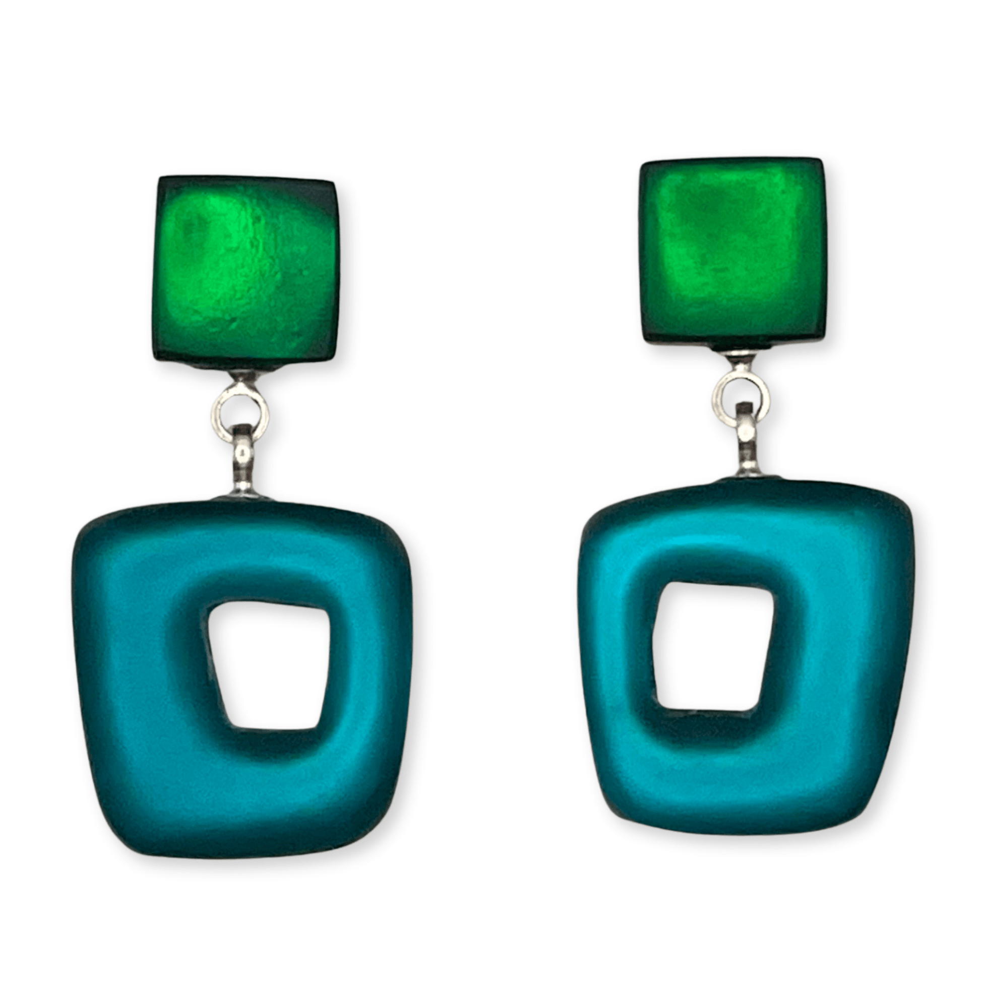 Verdigris Hollow Squares Matte Double Drop Stud Earrings | The Jewellery Stop