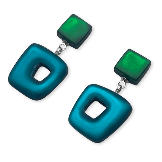Verdigris Hollow Squares Matte Double Drop Stud Earrings | The Jewellery Stop