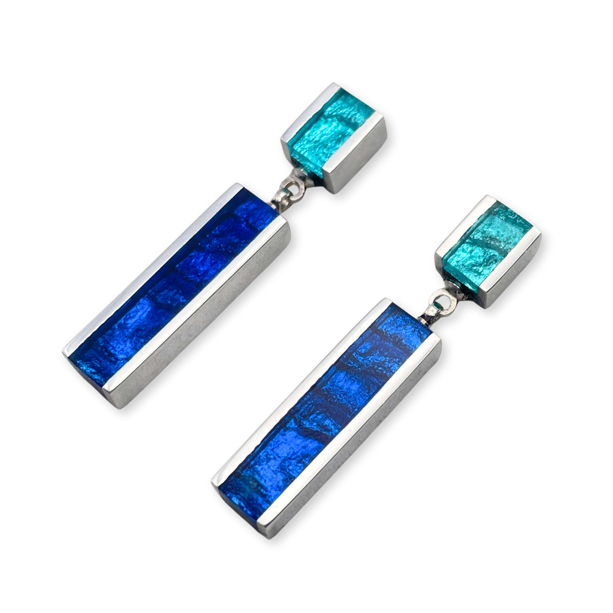 Turquoise Ribbons Shiny Double Drop Stud Earrings