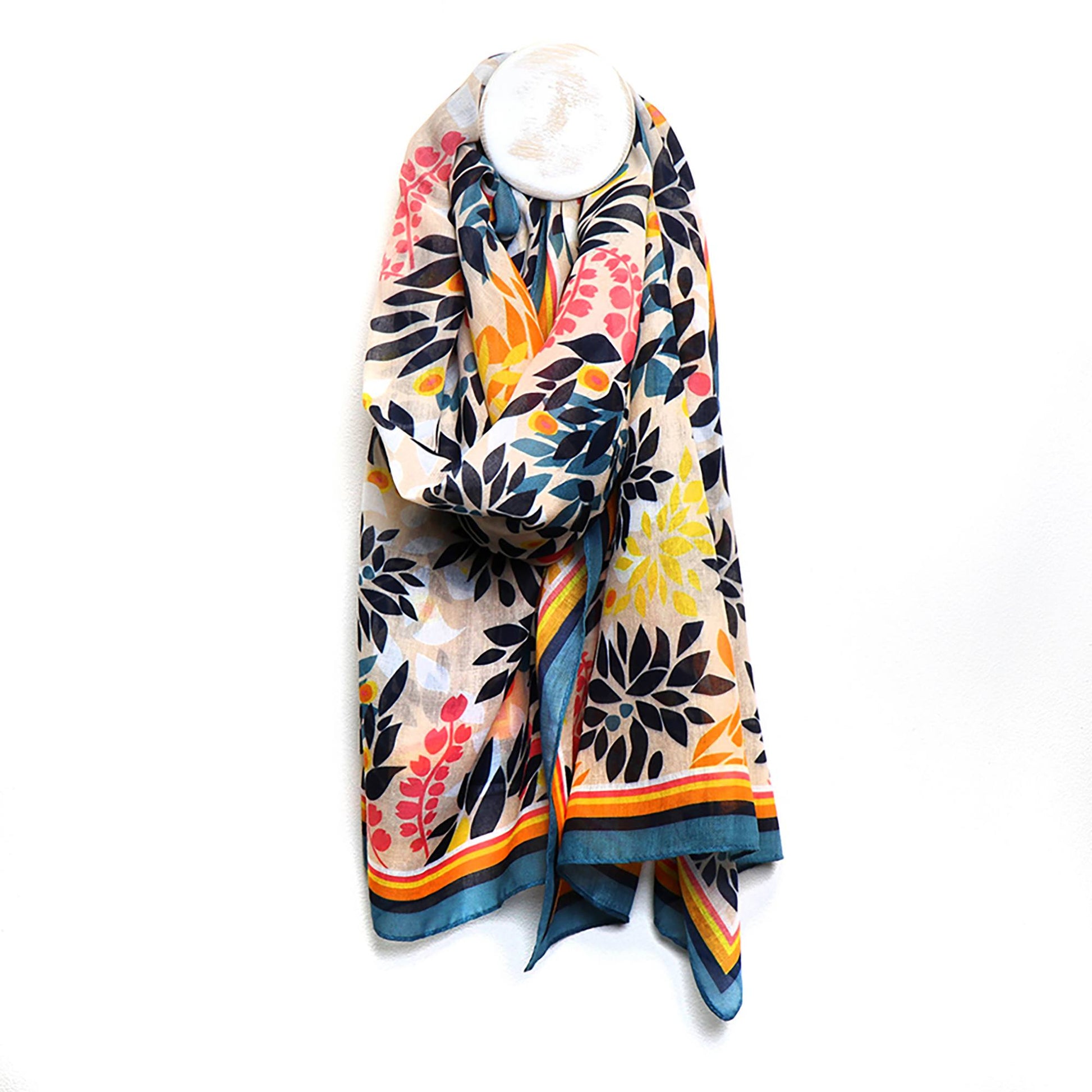 Eco Cream Mustard and Navy Leaf Scarf