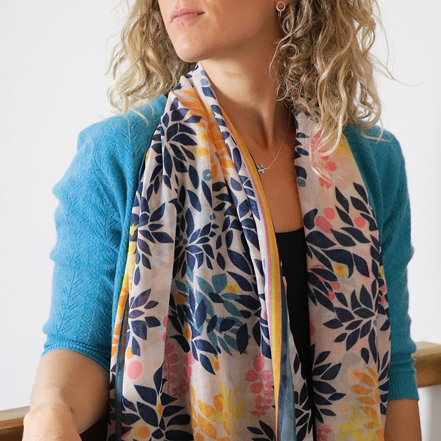 Eco Cream Mustard and Navy Leaf Scarf