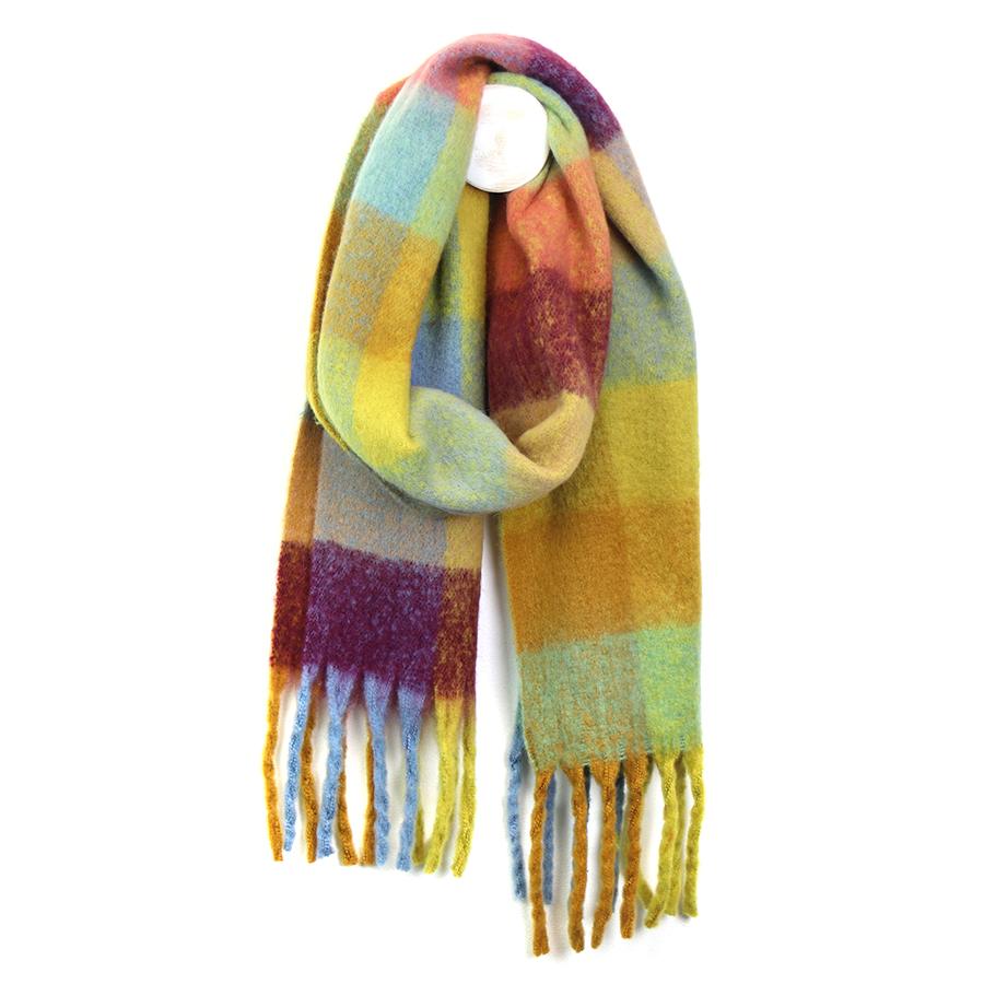 Lime Burgundy And Aqua Fluffy Checked Scarf With Long Fringe | The Jewellery Stop