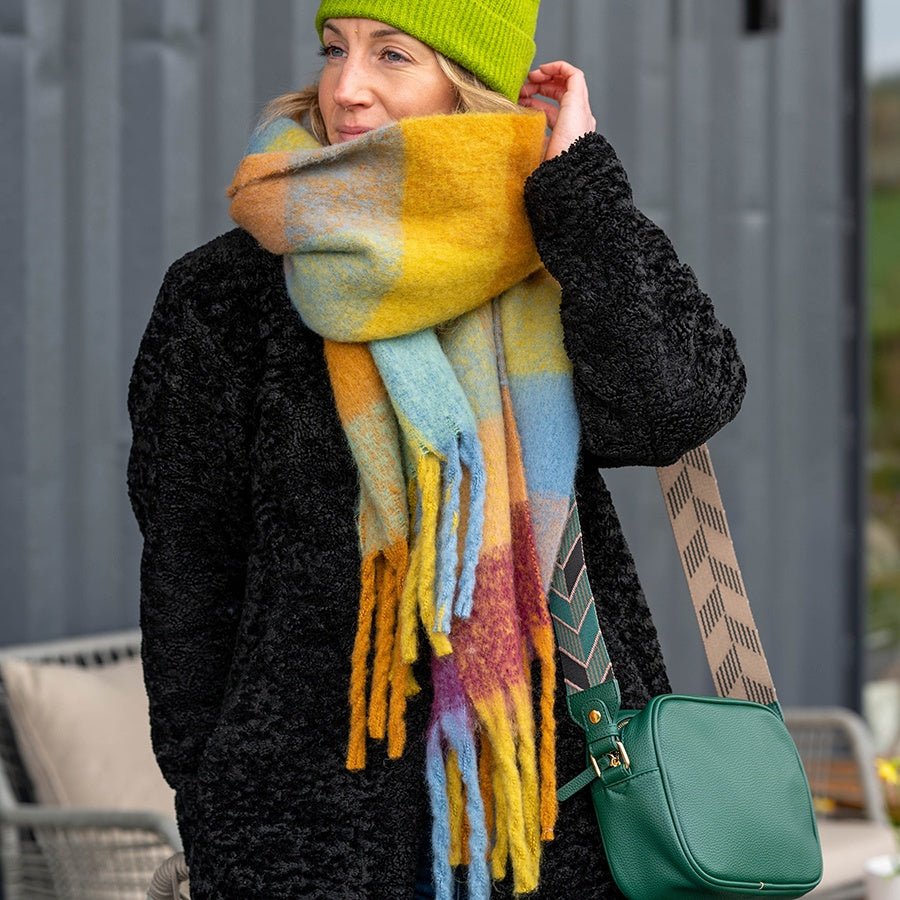 Lime Burgundy And Aqua Fluffy Checked Scarf With Long Fringe | The Jewellery Stop