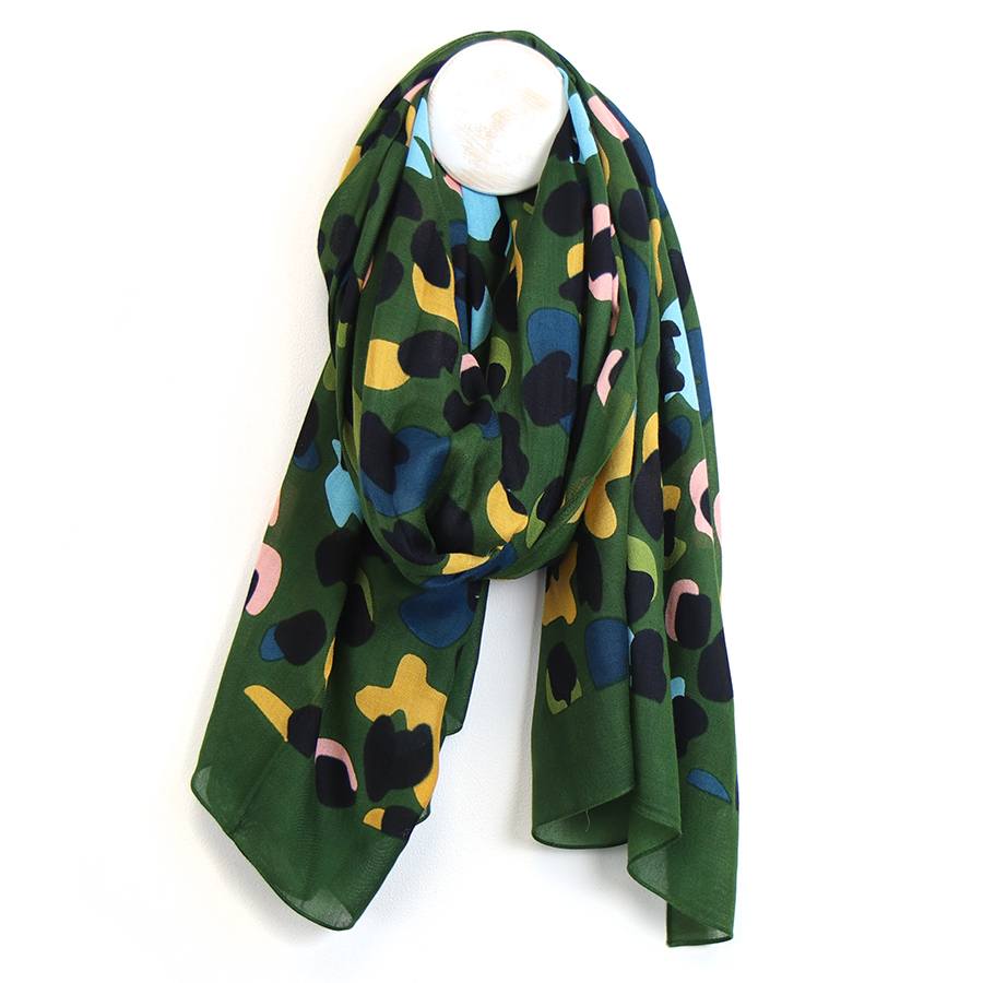 Green Scarf with Teal and Mustard Abstract Camo Print | The Jewellery Stop