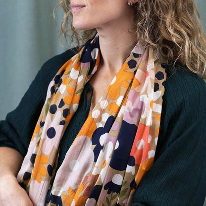 Orange, Navy and Taupe Spotty Floral Print Scarf | The Jewellery Stop