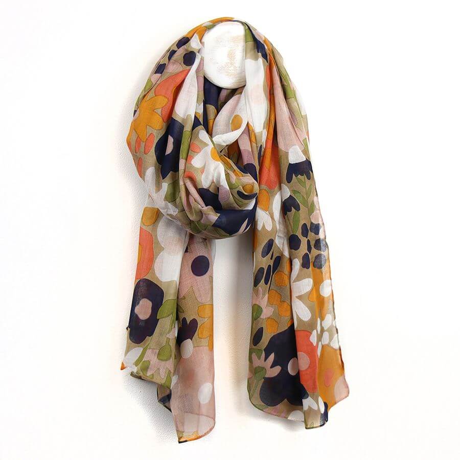 Orange, Navy and Taupe Spotty Floral Print Scarf | The Jewellery Stop