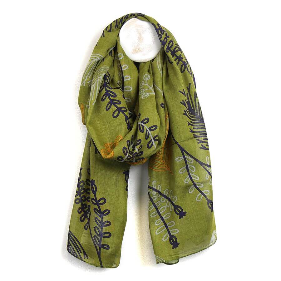 Green, Navy and Orange Fern Print Scarf | The Jewellery Stop