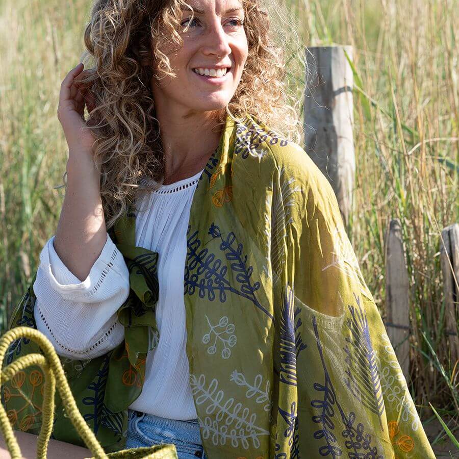 Green, Navy and Orange Fern Print Scarf | The Jewellery Stop