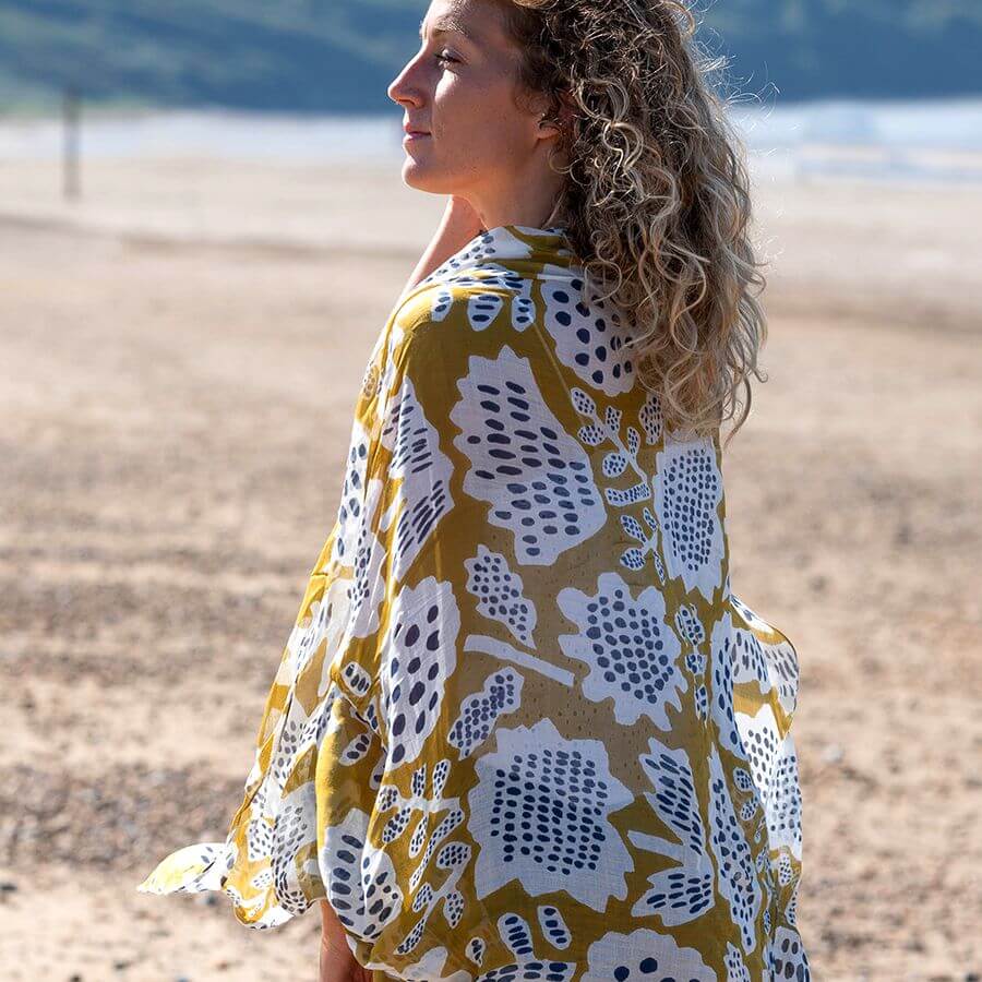 Mustard Olive, Navy and White Abstract Tulip Print Scarf | The Jewellery Stop