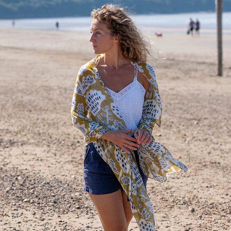 Mustard Olive, Navy and White Abstract Tulip Print Scarf | The Jewellery Stop