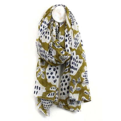 Mustard Olive, Navy and White Abstract Tulip Print Scarf | The Jewellery Stop