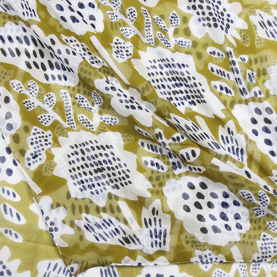 Mustard Olive, Navy and White Abstract Tulip Print Scarf | The Jewellery Stop
