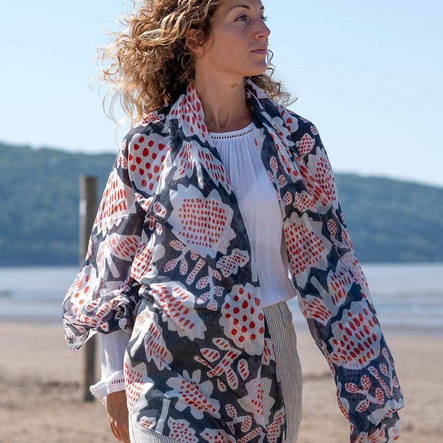 Navy, Red And White Abstract Tulip Print Scarf | The Jewellery Stop