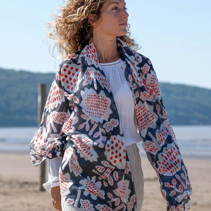 Navy, Red And White Abstract Tulip Print Scarf | The Jewellery Stop
