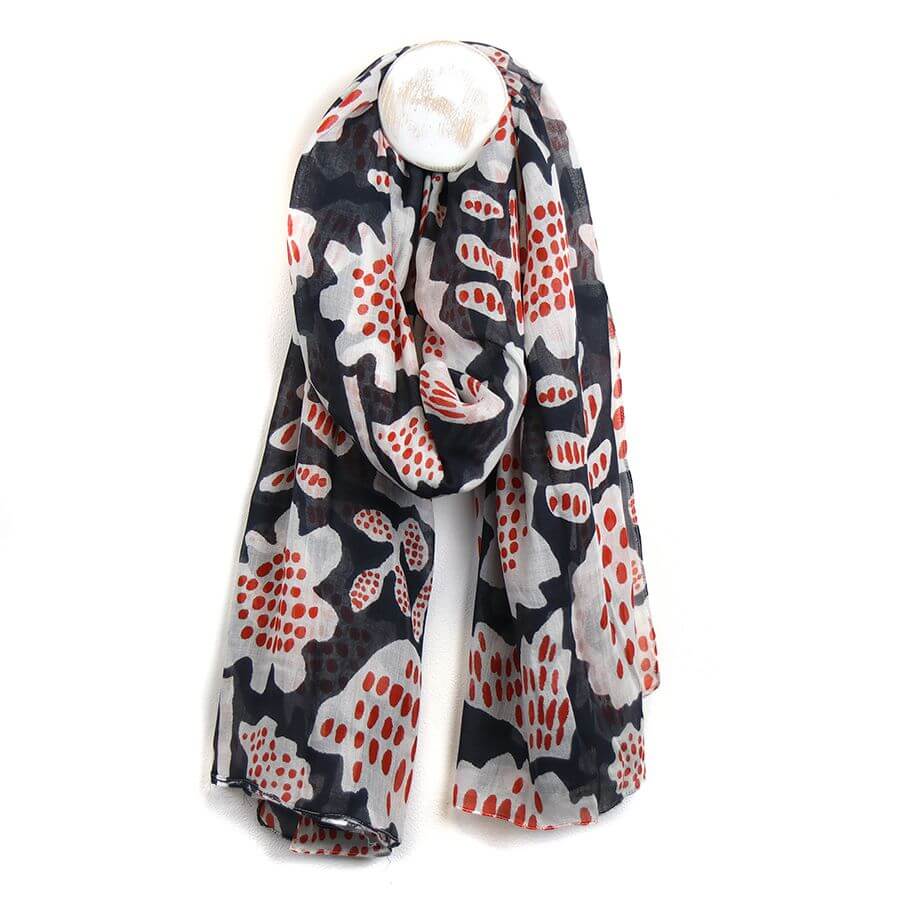 Navy, Red And White Abstract Tulip Print Scarf | The Jewellery Stop