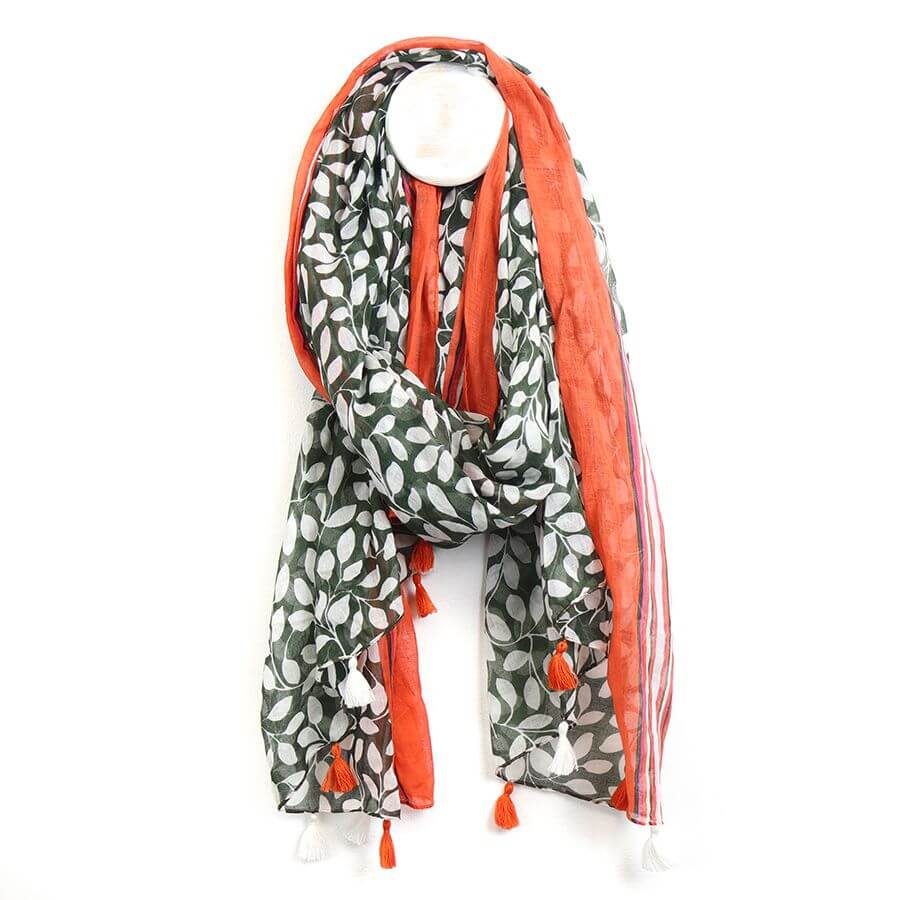 Deep Olive Leaf Print Scarf with Orange Border | The Jewellery Stop