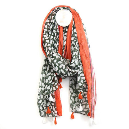 Deep Olive Leaf Print Scarf with Orange Border | The Jewellery Stop