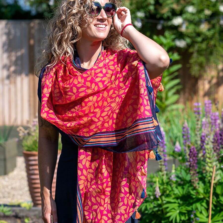 Pink and Orange Leaf Print Scarf | The Jewellery Stop