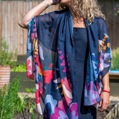 Eco Navy, Pink and Purple Mix Tropical Print Scarf | The Jewellery Stop