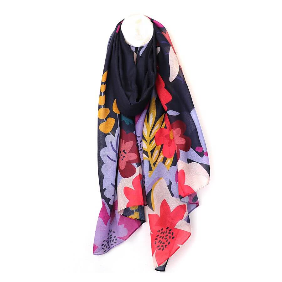 Eco Navy, Pink and Purple Mix Tropical Print Scarf | The Jewellery Stop
