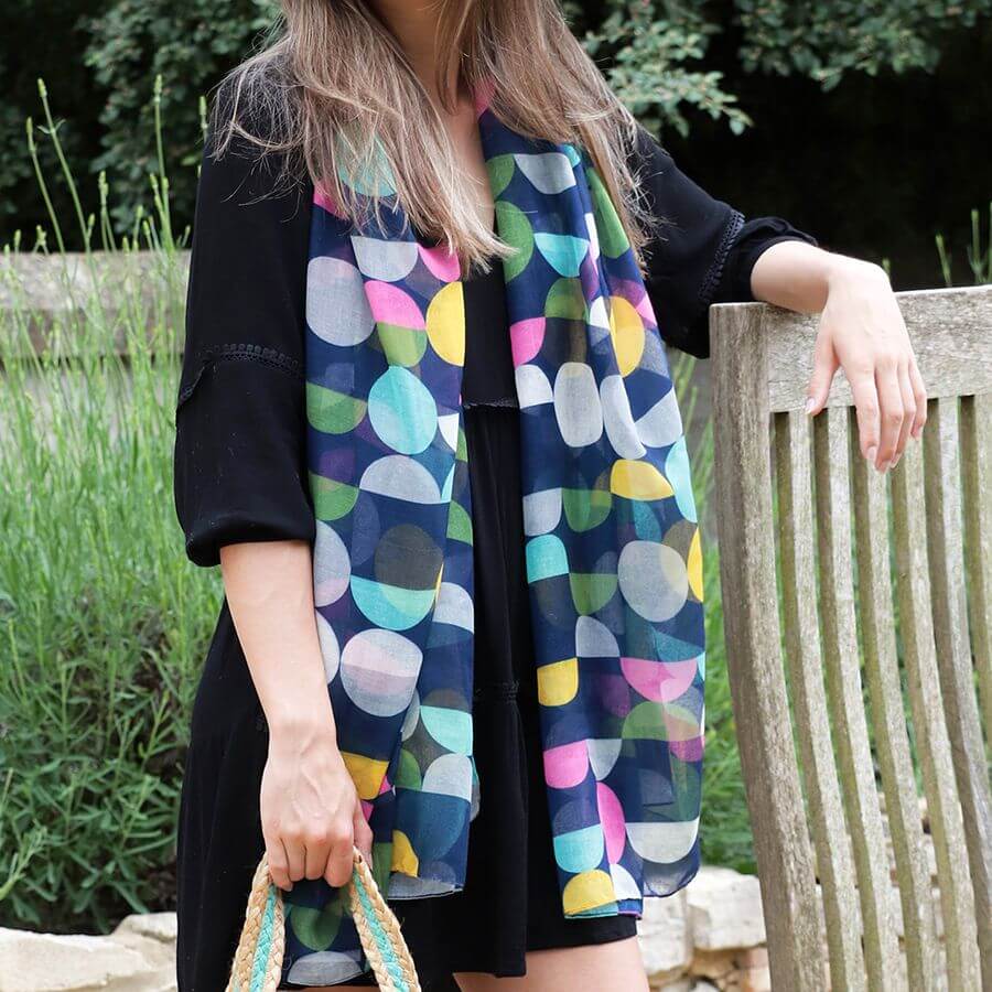 Eco Navy and Multi Mix Geo Circles Print Scarf | The Jewellery Stop