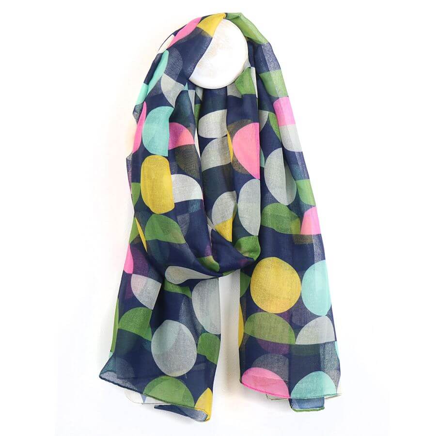 Eco Navy and Multi Mix Geo Circles Print Scarf | The Jewellery Stop