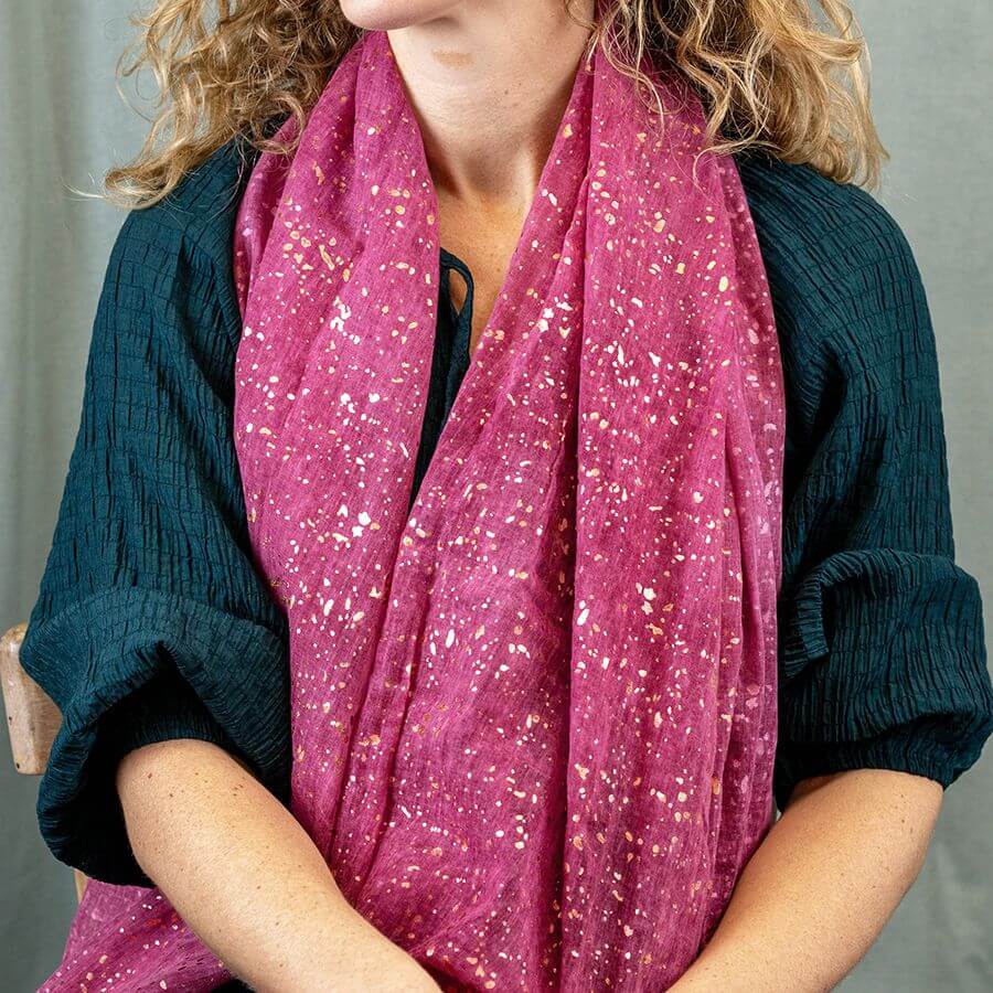 Raspberry Scarf With Rose Gold Speckle Foil Print | The Jewellery Stop