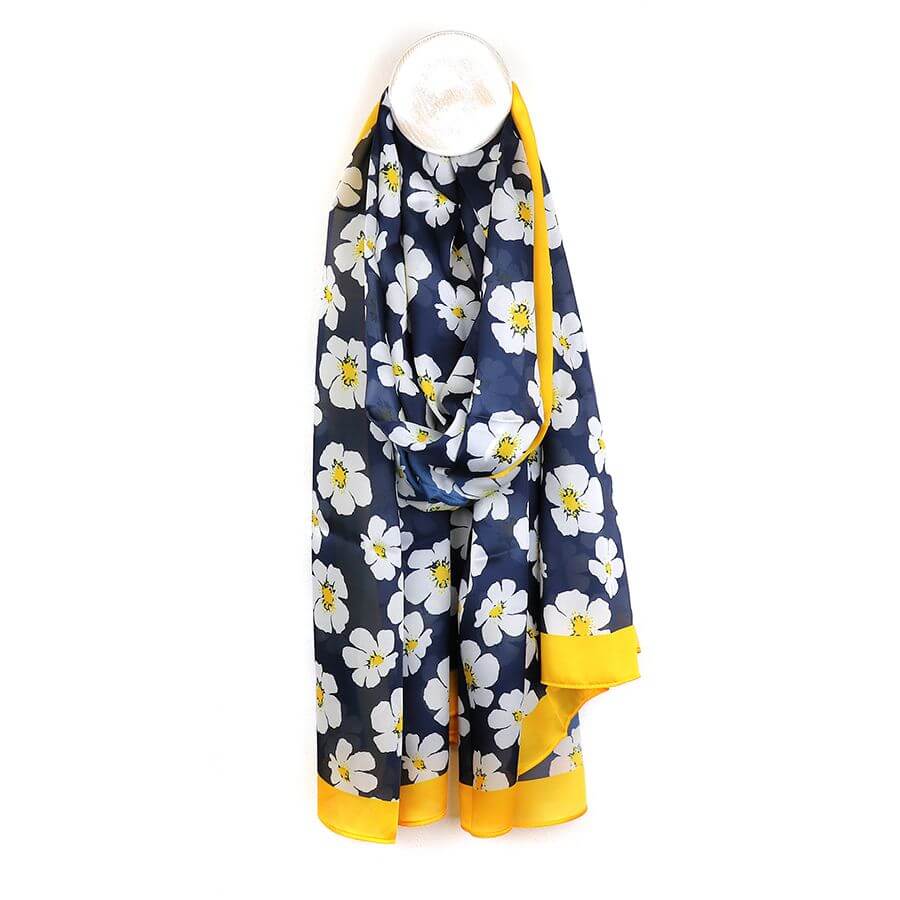 Navy and Yellow Silk Feel Scarf With White Pansy Print | The Jewellery Stop
