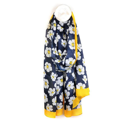 Navy and Yellow Silk Feel Scarf With White Pansy Print | The Jewellery Stop