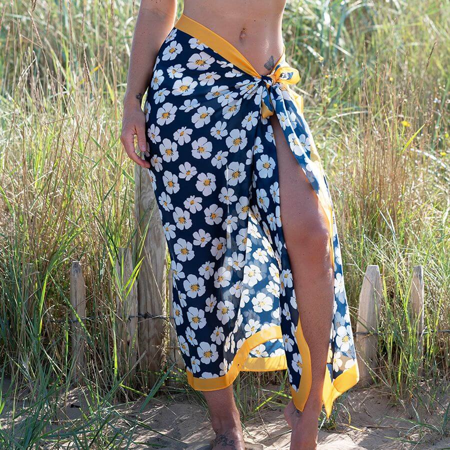 Navy and Yellow Silk Feel Scarf With White Pansy Print | The Jewellery Stop