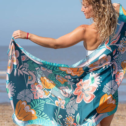Teal, Orange and Aqua Tropical Floral Print Silk Feel Scarf | The Jewellery Stop