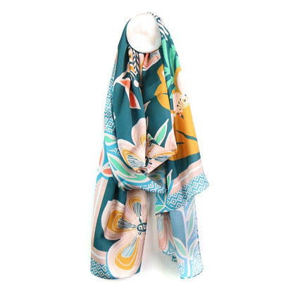 Teal, Orange and Aqua Tropical Floral Print Silk Feel Scarf | The Jewellery Stop