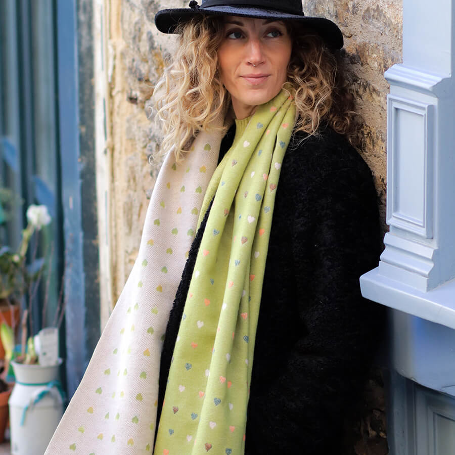 Lime Reversible Mini Polka Dot Hearts Scarf | The Jewellery Stop