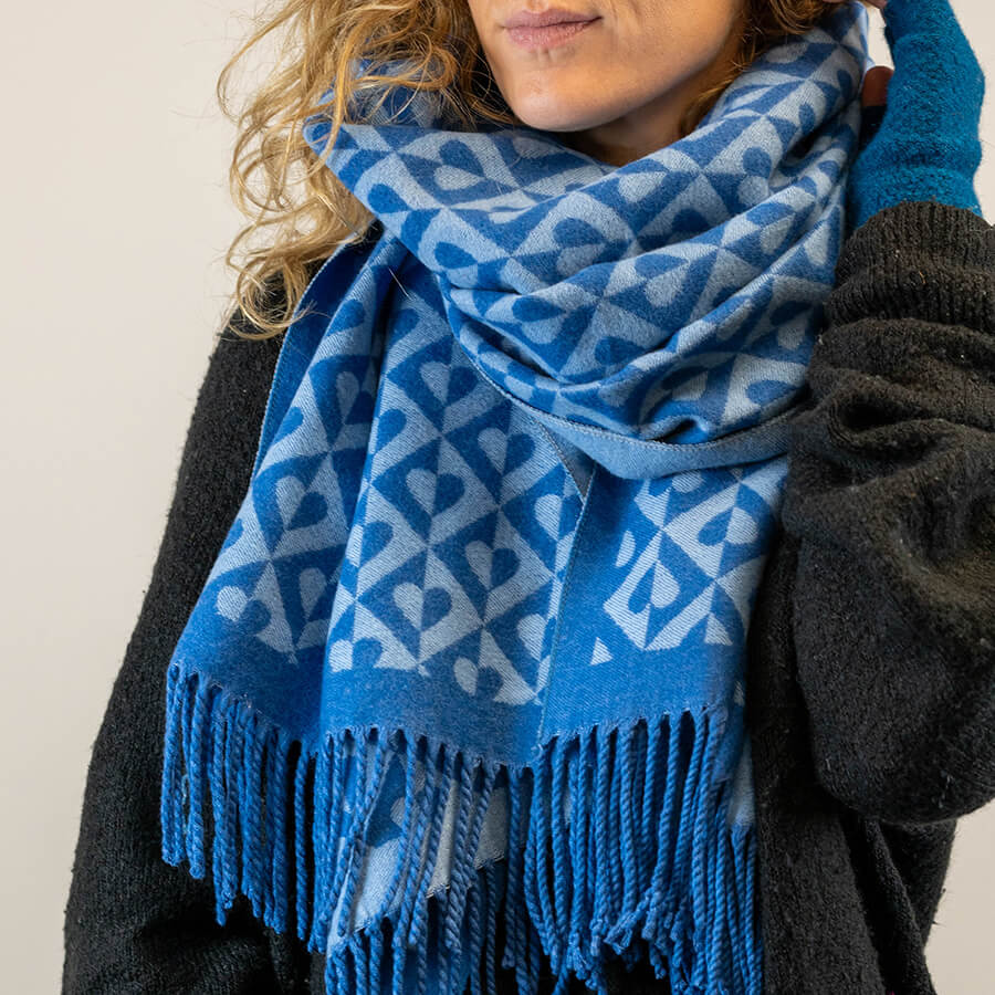 Blue Retro Tiled Heart Jacquard Scarf | The Jewellery Stop