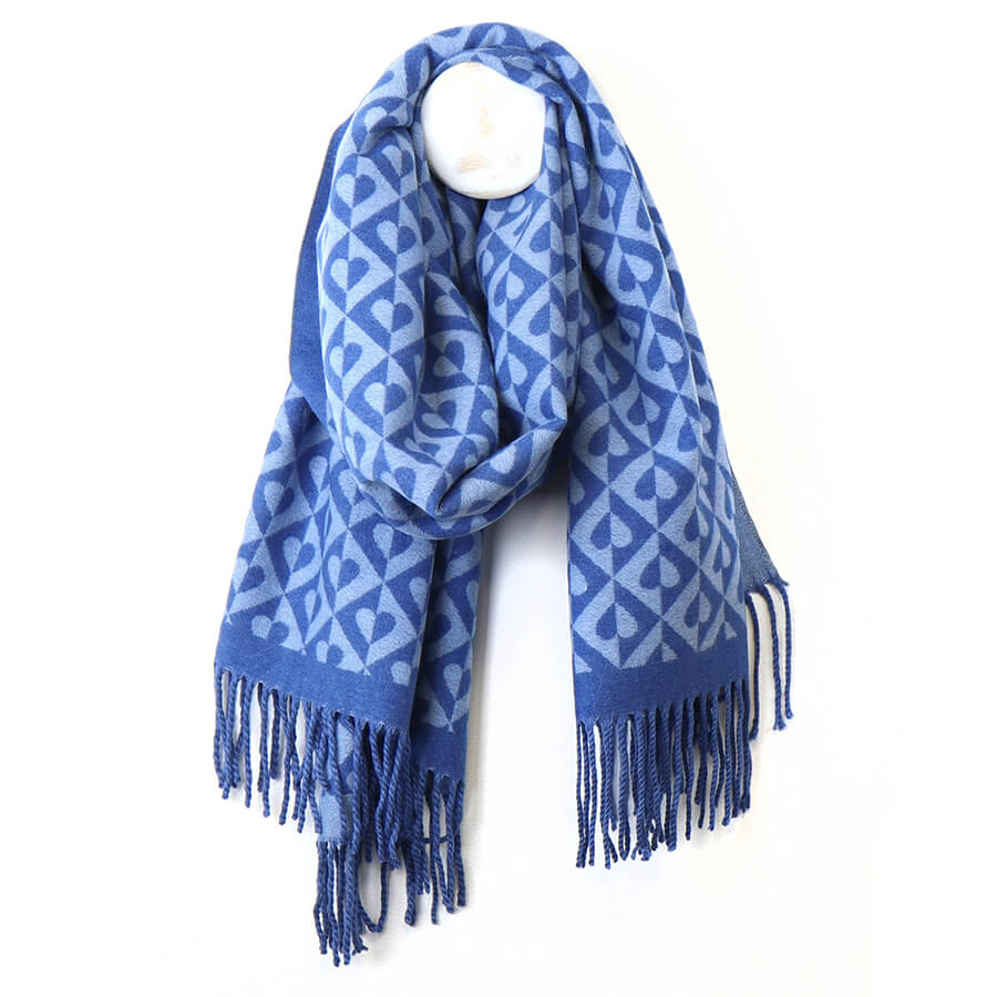 Blue Retro Tiled Heart Jacquard Scarf | The Jewellery Stop