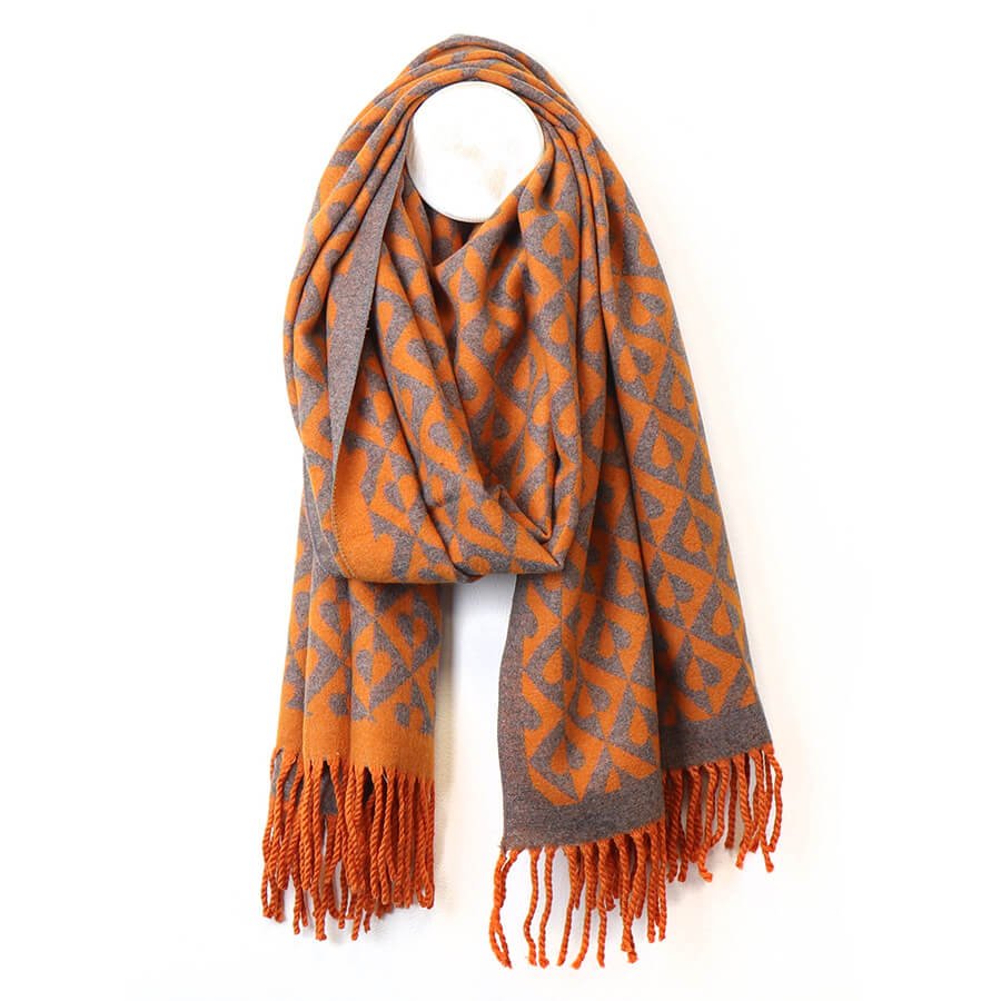 Orange Retro Tiled Heart Jacquard Scarf | The Jewellery Stop